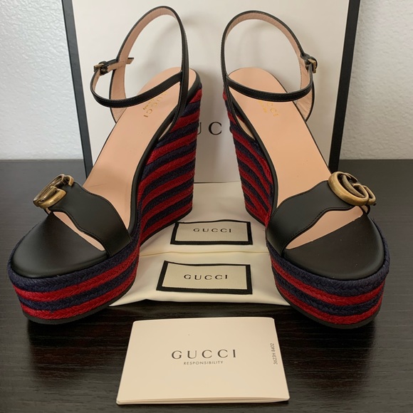 WOMENS GUCCI MARMONT LIFFORD BLACK LEATHER HEEL PLATFORM ESPADRILLE WEDGE SIZE 7 - Picture 1 of 9